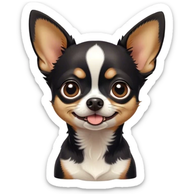 Cinematic Comical Black Tri Short Haired Chihuahua Portrait Emoji, Head tilted dramatically with an exaggeratedly shocked or offended expression, short black tri-color fur with striking white and tan markings, wide, expressive dark eyes filled with exaggerated disbelief, Simplified yet hilariously expressive features, highly detailed, glowing with a slightly sassy glow, high shine, dramatic yet playful, stylized with an air of attitude, bright and endearing, soft glowing outline, capturing the essence of a sassy and over-the-top pup, so meme-worthy it feels like it could side-eye its way into internet fame instantly! sticker