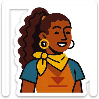 boho girl with brown skin, long curly brown hair in a high ponytail, lemon yellow scarf, round earrings sticker