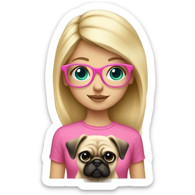 Blond girl who has teal eyes  with pink glasses wearing  a pink shirt holding a pug  sticker