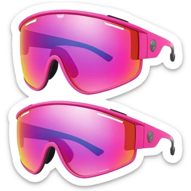 sporty neon pink shield visor sunglasses with thick frame and integrated strap, extremely robust design, substantial build, one-piece mirrored lens sticker