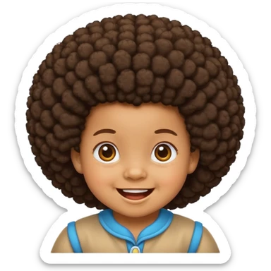 a smiling baby with a big afro sticker