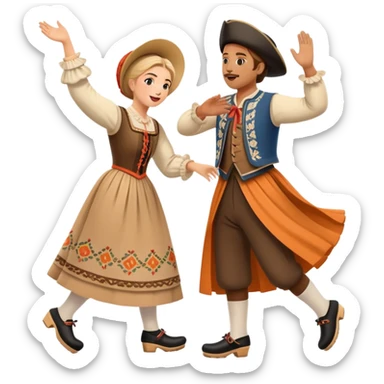 cinematic-realistic-scene-of-two-performers-executing-the-klompendans,-dressed-in-traditional-dutch-costumes-complete-with-wooden-clogs-and-detailed-folk-patterns,-captured-in-lively-motion-with-soft,-natural-lighting sticker