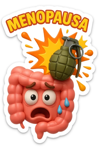 EMOJI STILE IPHONE 3D DI INTESTINO 3D CON ESPRESSIONE SPAVENTATA IN VOLTO MENTRE ACCANTO A LUI SCOPPIA UNA GRANATA 3D CON LA SCRITTA "MENOPAUSA" SOPRA, FAGLI ANCHE LA PARTE BIANCA DEGLI OCCHI, NON SOLO LA PUPILLA sticker