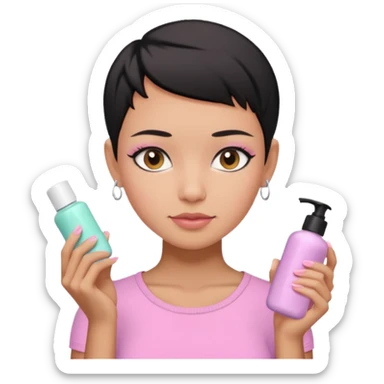tan girl with no makeup pink shirt with black hair & a pixie, cut no earrings, doing pastel colors skin care sticker