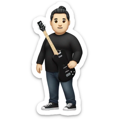 chubby chinese guy with fair skin and man bun and black shirt and bass guitar sticker