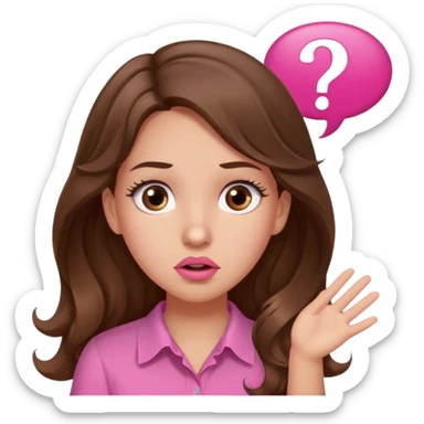 girl with long wavy brown hair, brown eyes, light to medium complexion, in a pink shirt, pink lips, long lashes, confused, question mark one speech bubble sticker