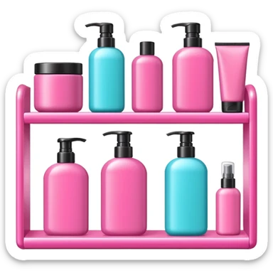 Shampoo bottle, color tube, and conditioner on a pink shelf sticker