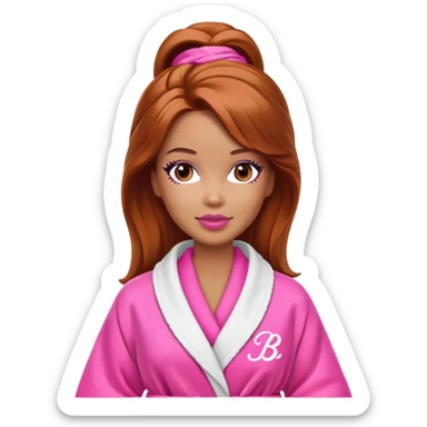 A Barbie face with shoulder-length reddish-brown hair, makeup, a smeared face mask, and a bathrobe. sticker