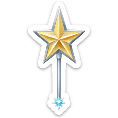 A long slender silver wand topped with a large glittering star, emitting glowing magical sparkles sticker