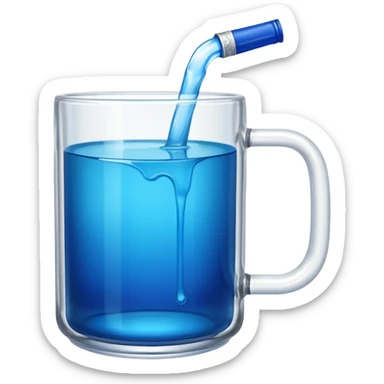 A large clear glass mug with a bright blue liquid inside.  Make the mug thicker and white/clear, not blue. beer stein. Handle is not blue. The walls of the mug are very thick and white. Only one handle. No actual beer. Can of redbull sticking out of too sticker