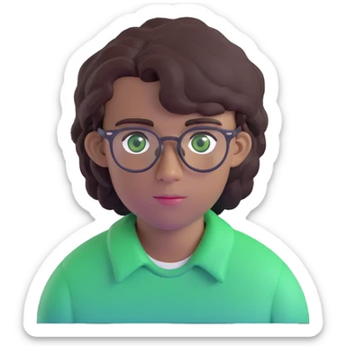 young man with dark slightly curled hair wearing glasses with green eyes sticker