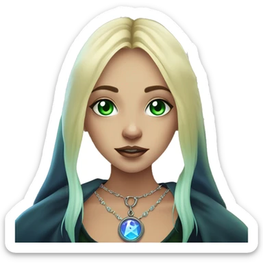 blonde witch girl with green eyes and straight hair with a birthmark above her upper lip wearing a necklace in a form of pentacle with a small blue stone inside doing tarot spread  sticker