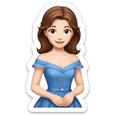 Cinematic Radiant Belle Portrait Emoji, rendered in a realistic, vector style with clean proportions. Show Belle with a warm, welcoming smile, delicate fair skin, and elegantly styled brown hair, wearing her timeless blue dress. The image radiates a soft, enchanting glow, high shine, and is enhanced by a soft glowing outline that accentuates her gentle charm. sticker