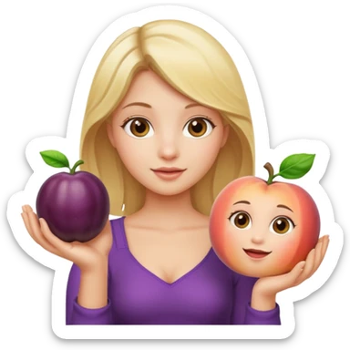 Blonde girl, holding up peach in one hand, eggplant in the other sticker