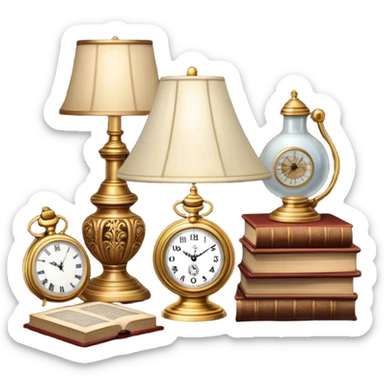 Icon for Antiques Collecting: a vintage pocket watch, an old ornate lamp, and a porcelain figurine, all placed on a wooden table surrounded by aged books and a magnifying glass. The icon should evoke the elegance and history of antique collecting. Transparent background. sticker