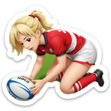 Chica de pelo rugby tirada en el suelo de un campo de rugby boca abajo agarrando un balón con las manos vestida con una equipación de color rojo y blanco con líneas y con unas botas de tacos de fútbol, con un bucal en la boca sticker