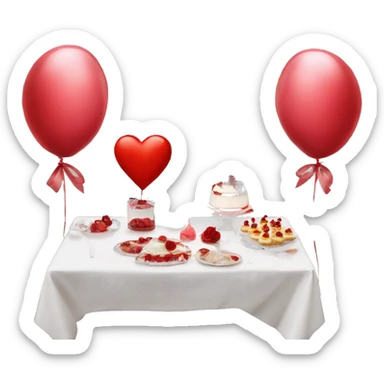 Red romantic party setting for two people and heart balloon  table with white cloth and candle with bows on the table and white Korean cake with black bows  sticker