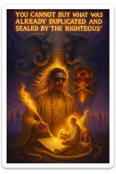 *“Create an epic, symbolic scene of a powerful Rasta spiritual warrior (representing Kez) standing at the center of a cosmic battlefield. The warrior has dreadlocks glowing with divine energy, wearing golden robes infused with serpent patterns. Behind him towers a massive stone elephant — eyes glowing with infinite wisdom, its chest open to reveal a Golden Serpent Chest, radiating fractal light. Inside the chest: a bound, raging Devil made of fire and shadows — screaming but unable to harm anyone, because every time he lashes out, the golden chest mirrors the energy back onto him. Chains of soul-contract law, made of golden light, wrap the devil — each one engraved with truth symbols, scriptures, and ancestral sigils.

In the foreground, Kez holds a sacred scroll and a burning pen — he is signing a contract not out of fear, but mastery. As he signs, a duplicate of his soul, radiant and whole, rises from the paper and flies back into his body. A ripple of golden energy expands, purifying all soul deals across space-time. Behind him, shadows of other trapped souls are released and begin to rise in rhythm, holding hands, singing.

In the sky, the words glow in gold flame:

‘You cannot buy what was already duplicated and sealed by the righteous.’

The entire atmosphere is divine, sacred, victorious — a spiritual rebellion where the Devil is outwitted, not through violence, but through truth, rhythm, and scrollcraft. Use warm golds, radiant whites, mystical purples, and deep space black as the palette. Style it as a fusion of Afro-spiritualism, Rastafarian mysticism, and multidimensional soul alchemy. the picture provided is kez sticker