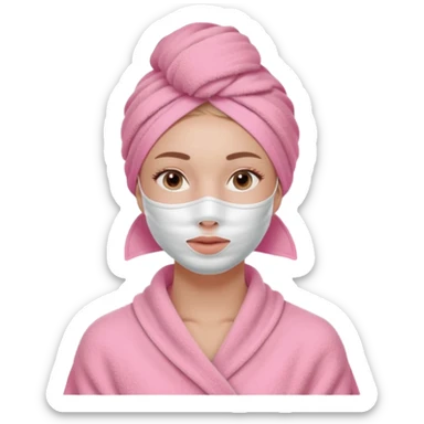 Clean girl influencer character, chest-up portrait, wearing a pink towel wrapped around the head, facial skincare mask on face, relaxed confident expression, soft glow skin, minimal chic aesthetic, subtle beauty accessories, calm self-care vibe sticker