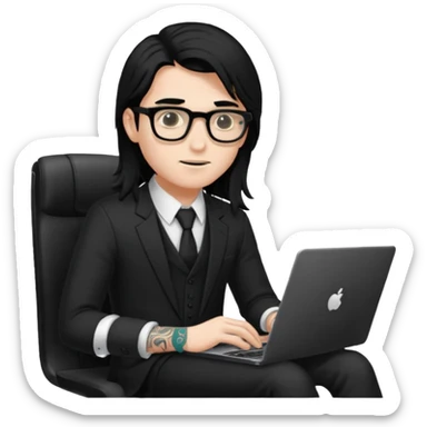a young man with long black hair, with formal cloth, wearing glasses sitting with a laptop, tattoo inyout arms sticker