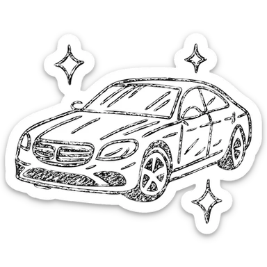 hand-drawn outlined icon of a luxury car, glossy black with multiple small stars and strong reflections, impeccable perfectly clean finish, clean and modern sticker