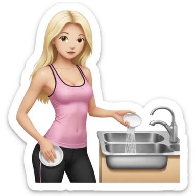 Seductive, thin fair skinned woman, long blond hair, washing dishes, SFW sheer pink tank top, without undergarments showing natural breast shape SFW, black yoga pants, perfect booty sticker