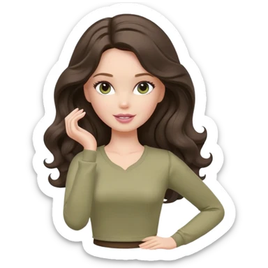 A white Barbie girl with long dark brown wave hair in a pale olive clothes doing stretching  sticker