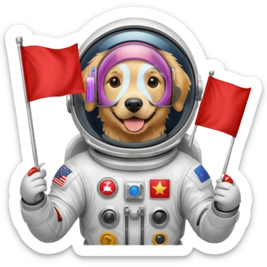 golden retriever in space suit holding red rectangle flag sticker