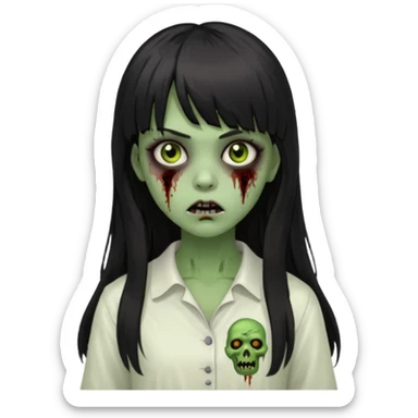Make a girl with bangs with very dark black and long hair, light brown eyes and white clothes in the form of a zombie with green and scary skin sticker