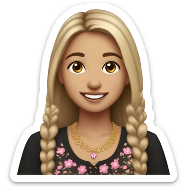 Slavic girl, light skin, brown eyes, black-to-blonde ombre straight tail, smiling with teeth, wearing beautiful dark blouse with a folk pattern of small pink flowers and gold necklace. sticker