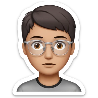 personagem com corte de cabelo Wolf cut curto, cabelo castanho escuro, olho castanho escuro, sombrancelha castanho escuro, óculos sem aro prata quadrado. sticker