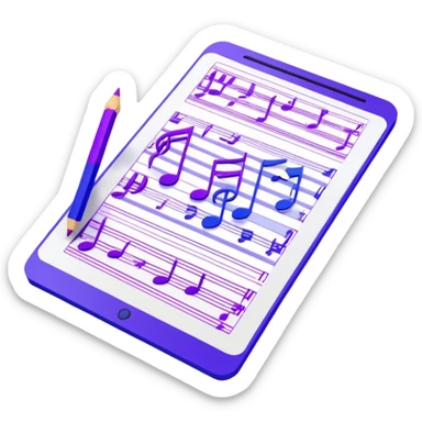 Emoji that represents music track writing. The design should feature a music composition sheet with musical notes and song lyrics, a digital audio workstation (DAW) interface or soundwaves, and a pencil or pen to symbolize the writing process. Add a touch of technology with subtle elements like sound mixing sliders or waveform graphics. Use a blend of vibrant and inspiring colors, such as electric blue or neon purple, to evoke a sense of creativity and innovation. The background should be transparent. sticker