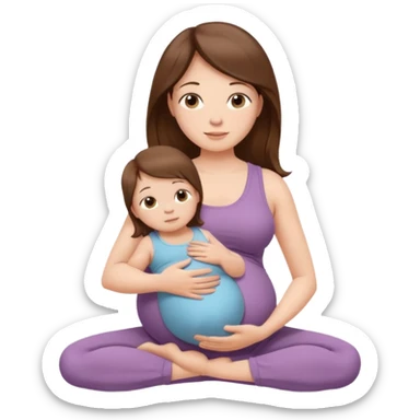 "Pregnant woman sitting in a yoga pose with long brown hair and fair skin, holding a newborn baby with short brown hair and fair skin." sticker