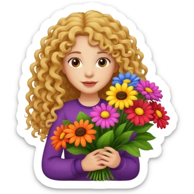 light skinned long curly haired girl holding big bright bunch of flowers. White background. sticker