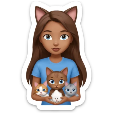 a pretty bratz dusky girl with long brown hair, blue eyes with six cats nd wearing a grey tshirt sticker