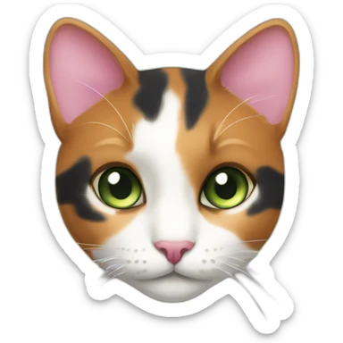 young striped calico cat face with a pink nose, white chin, green eyes, and orange/brown markings sticker
