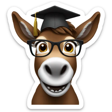 nerd brown donkey with 2 big tooth using glasses and mortarboard sticker