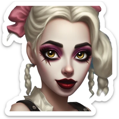 Vuxen Jasmine in Harley Quinn style, oil paint, mysterious eyes, intricate lips, masterpiece portrait, odd perspective, beautiful, desirable, logical sticker