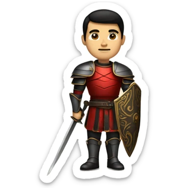 Vintage Tanned man with black hair and stern face with a pointed chin triangular jawline wearing red and black armour holding sword vintage intricate patterns sticker
