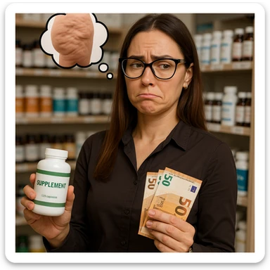 Create a hyperrealistic image of a woman similar to the reference photo. She is buying supplements with euro banknotes. She is thinking about solving her cellulite but is actually just wasting money. Her expression is a mix of hope and disappointment. The environment is realistic with detailed and careful elements. sticker