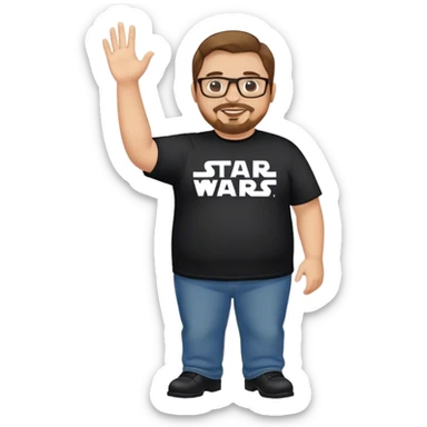 overweight Caucasian man, brown hair, goatee, glasses wearing a star wars t-shirt,  jeans and black dress shoes, smiling and waving sticker