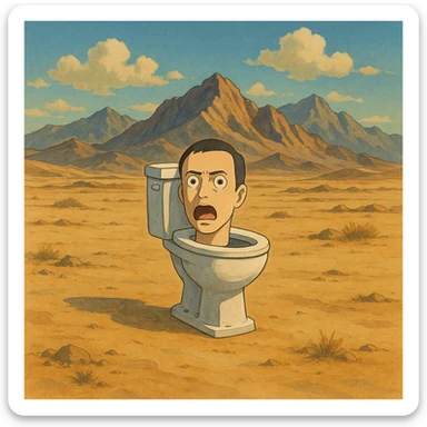 skibidi toilet in a desert landscape with Afghan mountains, ghibli style sticker