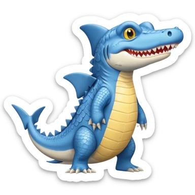 Appearance: The character is predominantly blue with a lighter belly and yellow eyes.
Features: It has large teeth, a shark-like fin on its back, and a tail.
Attire: The crocodile is wearing a pair of light blue and white sneakers.
Pose: It is standing upright on its hind legs. sticker