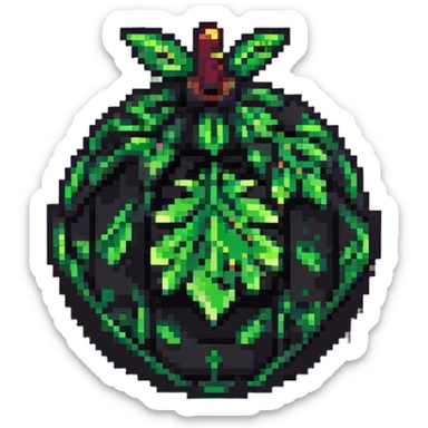 Green digital bomb with leaf-shaped fuse at the top, round black bomb body with green accents, pixel art style sticker