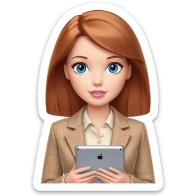 A Barbie girl with blue eyes, shoulder-length reddish-brown hair, made-up, wearing a beige tweed jacket and a beige skirt,  with a iPad Air sticker