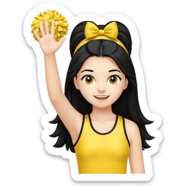 A long black hair teen girl waving pom-poms, eyes sparkling with excitement, yellow cheer leader top sticker