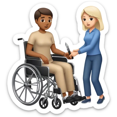 Mujer con cuchillo en la mano, empujando un hombre en silla de ruedas sticker