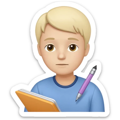 simplified human character holding a notebook and pen, thoughtful facial expression, slightly tilted head, planning life and goals, calm and focused mood, flat custom emoji sticker, pastel colors, rounded shapes, minimal details, thick outline, white background, no text sticker