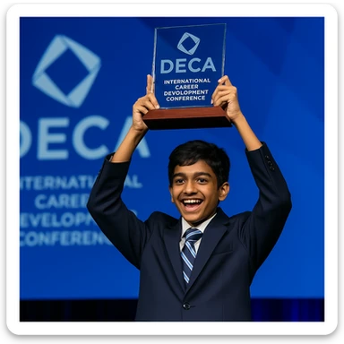 An Indian 14-year-old boy on stage at the DECA International Career Development Conference, raising the official DECA glass trophy above his head. The trophy is a rectangular glass top on a wood base, with the DECA logo and etching, and the stage has DECA branding and blue lighting. sticker