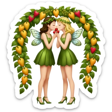 full body two women kissing, fruit vine outfits and moth swarm halo sticker